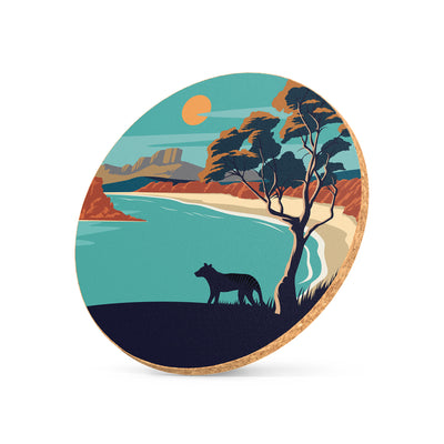 Illustrated cork coaster featuring Tasmania artwork