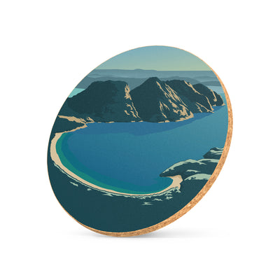 Illustrated cork coaster featuring Wineglass Bay artwork